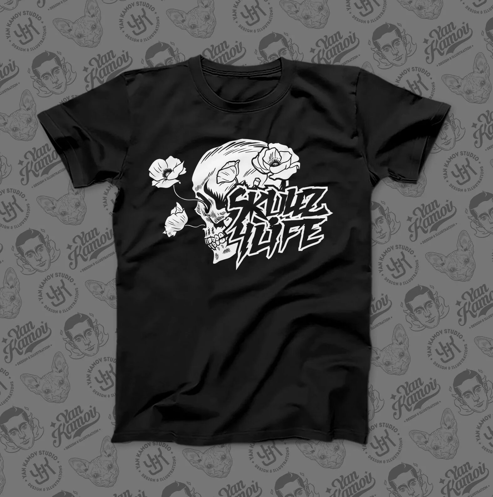Skullz4Life - Skulls and Poppies black and white T-shirt
