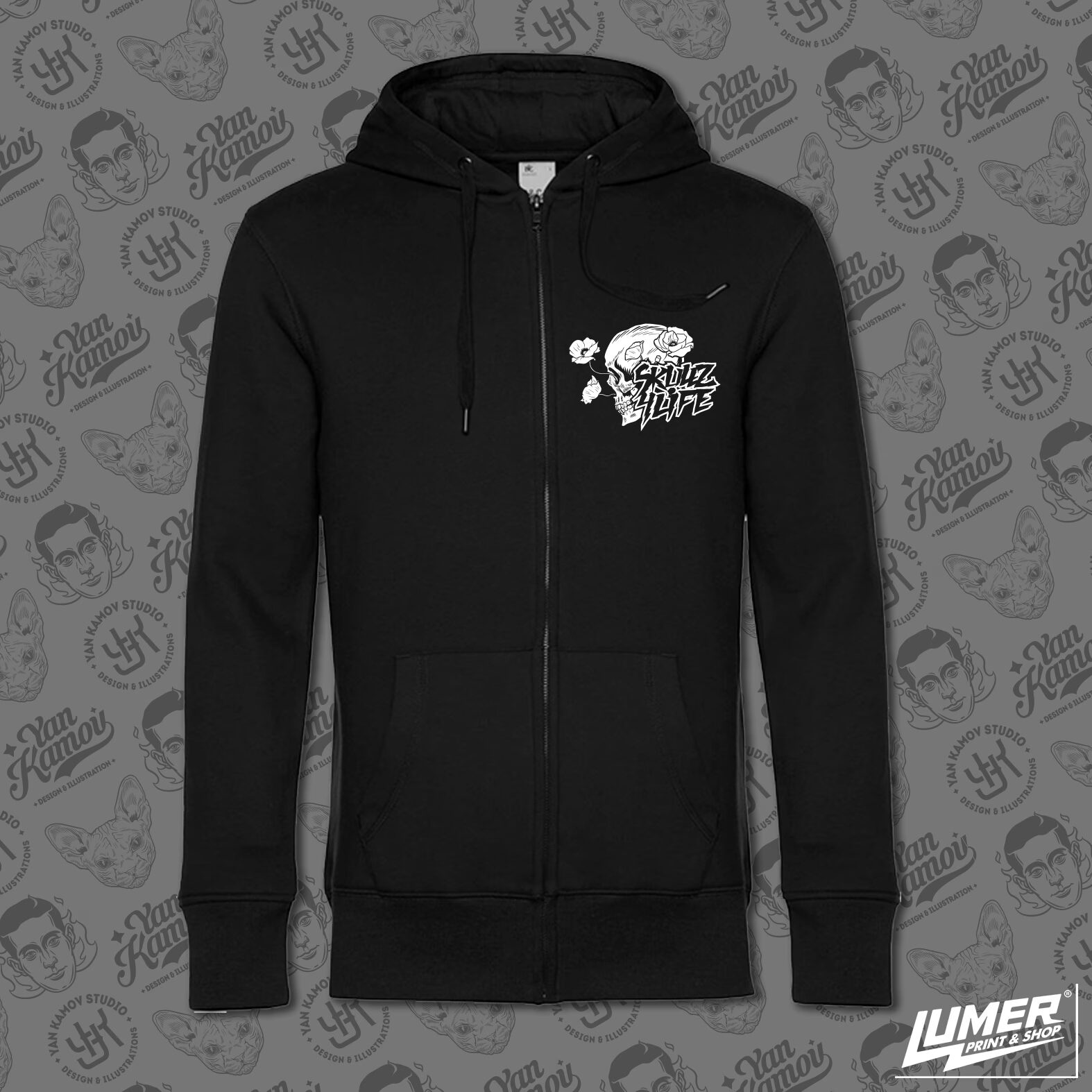 Skullz4Life - Skulls and Poppies black and white Zip-up Hoodie